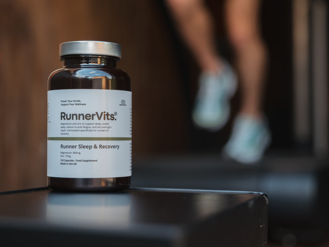 Runner Sleep and Recovery bottle with a runner in the background