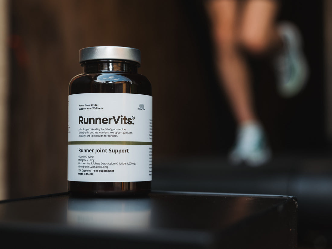 Runner Joint Support bottle with a runner's legs in the background